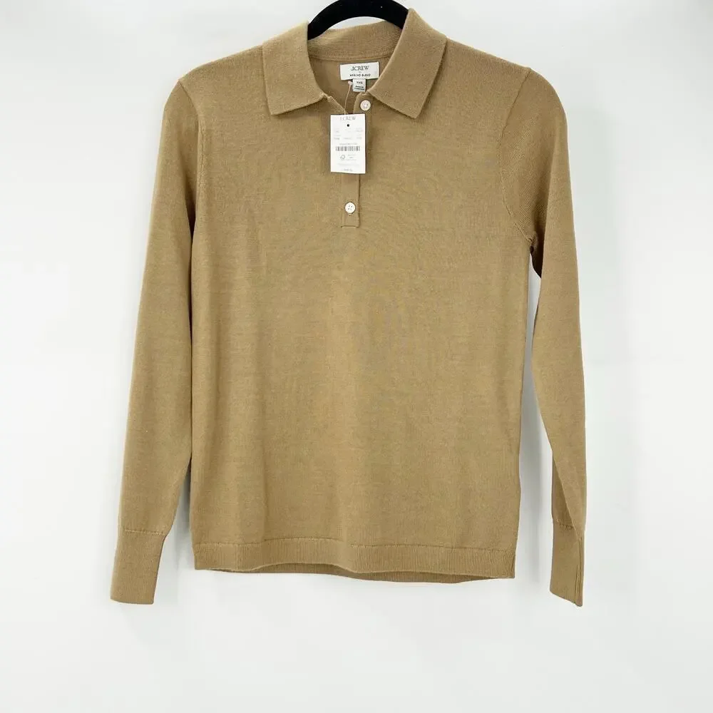 J. Crew Women's Merino Wool-Blend Polo Sweater Camel Size XXS/XS NWT
